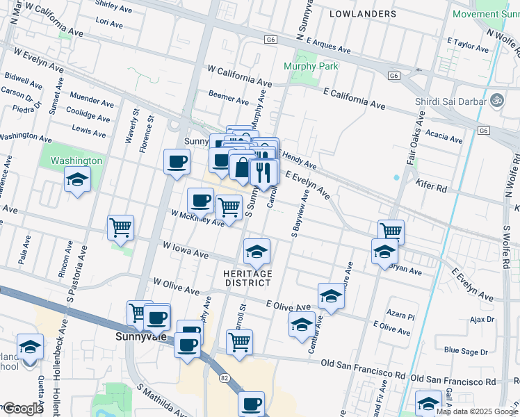 map of restaurants, bars, coffee shops, grocery stores, and more near 201 South Sunnyvale Avenue in Sunnyvale