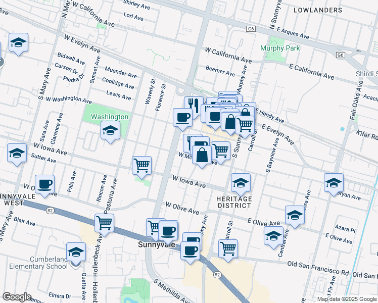map of restaurants, bars, coffee shops, grocery stores, and more near 445 West McKinley Avenue in Sunnyvale