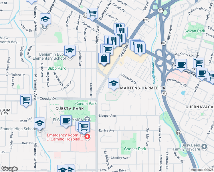 map of restaurants, bars, coffee shops, grocery stores, and more near 1569 Glen Una Court in Mountain View