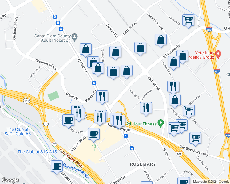 map of restaurants, bars, coffee shops, grocery stores, and more near 55 East Brokaw Road in San Jose
