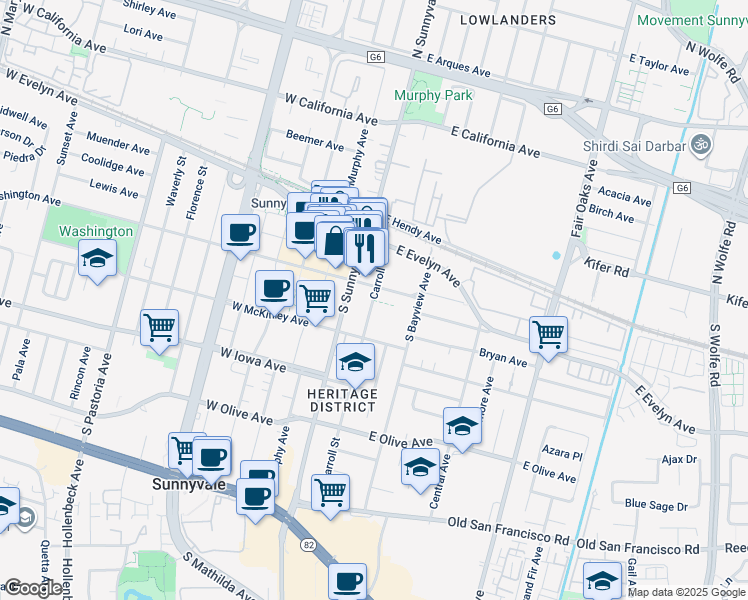 map of restaurants, bars, coffee shops, grocery stores, and more near 224 Carroll Street in Sunnyvale
