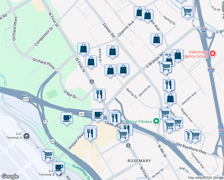 map of restaurants, bars, coffee shops, grocery stores, and more near 55 East Brokaw Road in San Jose
