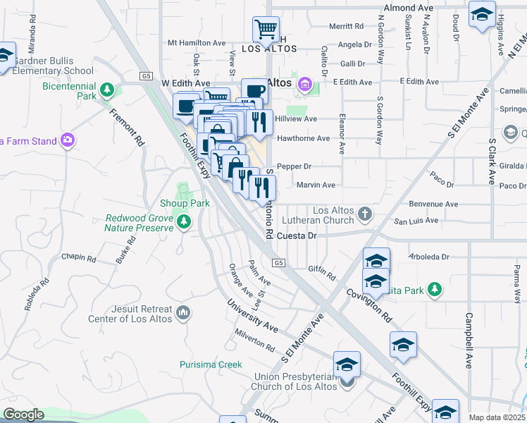 map of restaurants, bars, coffee shops, grocery stores, and more near 394 2nd Street in Los Altos
