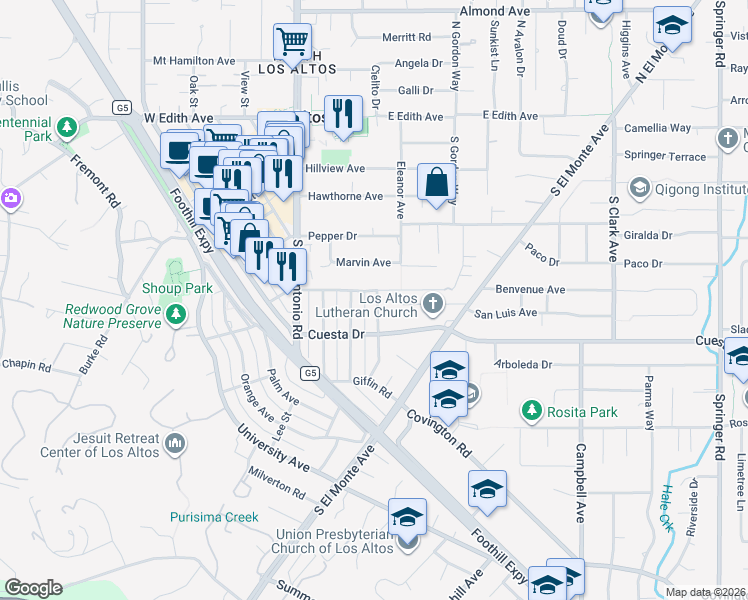 map of restaurants, bars, coffee shops, grocery stores, and more near 416 Gabilan Street in Los Altos
