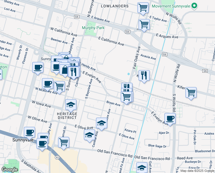 map of restaurants, bars, coffee shops, grocery stores, and more near 555 East Washington Avenue in Sunnyvale