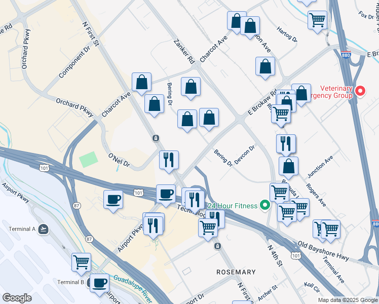 map of restaurants, bars, coffee shops, grocery stores, and more near 55 East Brokaw Road in San Jose