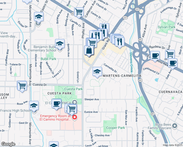 map of restaurants, bars, coffee shops, grocery stores, and more near 1631 Grant Road in Mountain View