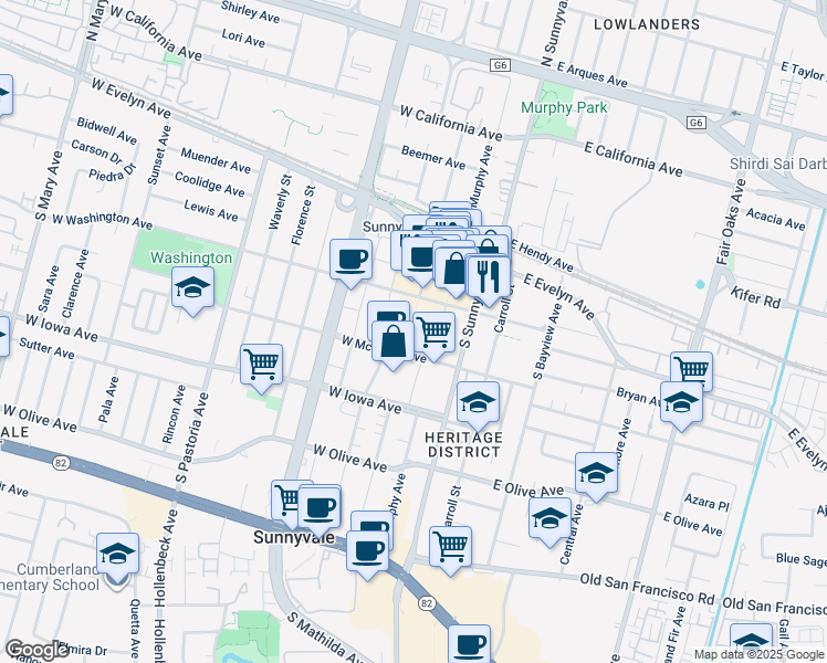 map of restaurants, bars, coffee shops, grocery stores, and more near 240 South Taaffe Street in Sunnyvale