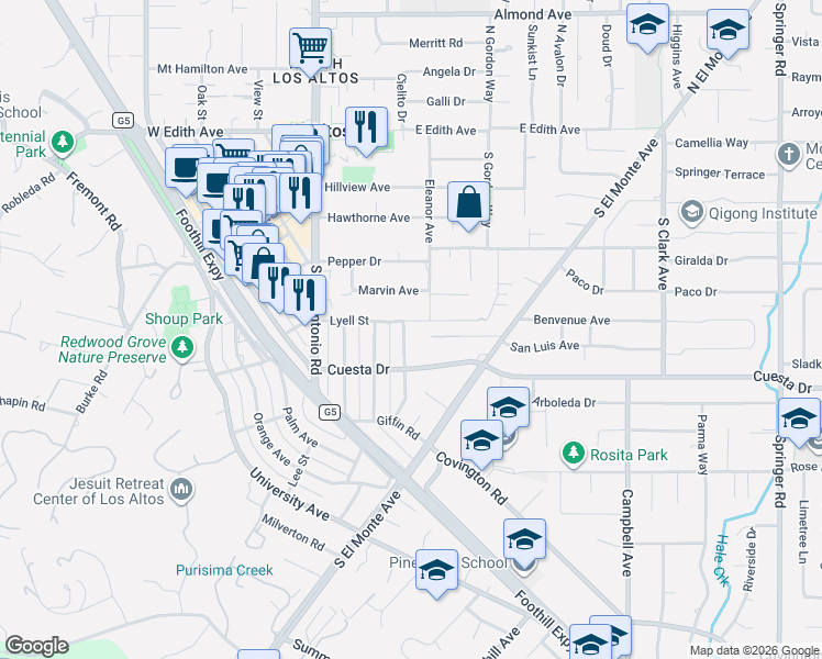 map of restaurants, bars, coffee shops, grocery stores, and more near 165 Lyell Street in Los Altos
