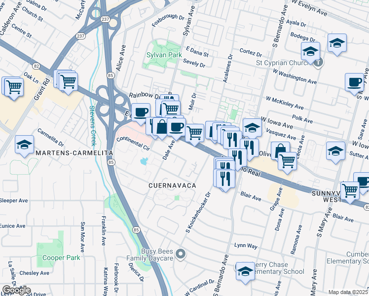 map of restaurants, bars, coffee shops, grocery stores, and more near 861 California 82 in Mountain View