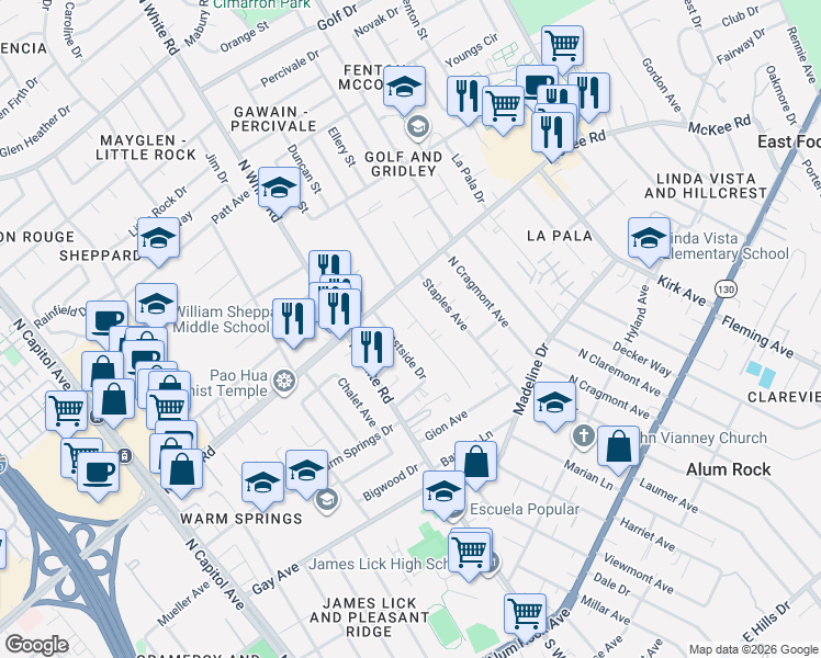 map of restaurants, bars, coffee shops, grocery stores, and more near 283 Ridgevista Avenue in San Jose