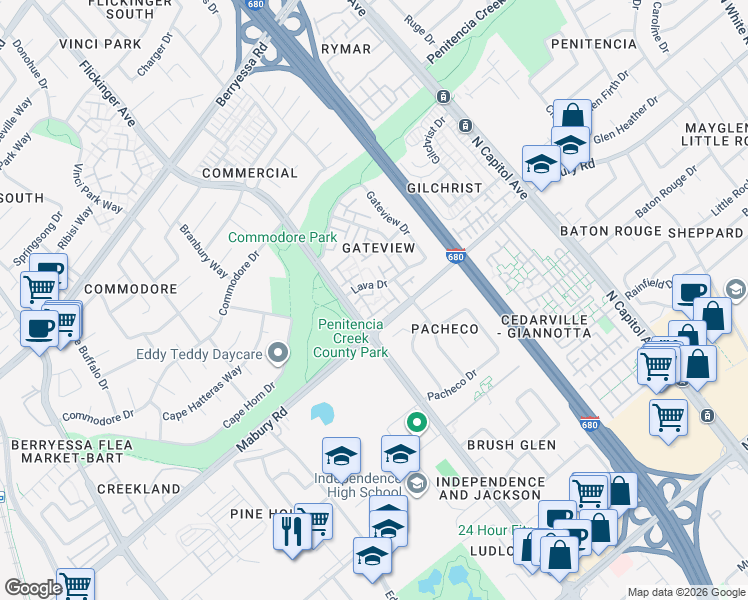 map of restaurants, bars, coffee shops, grocery stores, and more near 796 Ferndale Court in San Jose