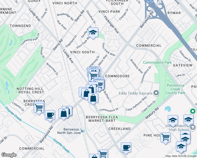 map of restaurants, bars, coffee shops, grocery stores, and more near 1746 Abington Court in San Jose
