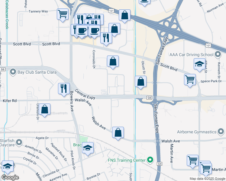 map of restaurants, bars, coffee shops, grocery stores, and more near 2970 Coronado Drive in Santa Clara
