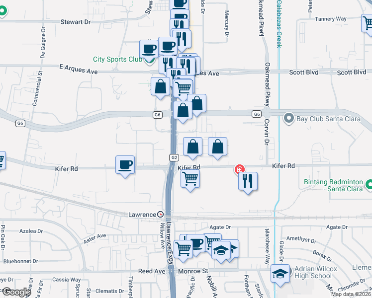 map of restaurants, bars, coffee shops, grocery stores, and more near 3578 Rambla Place in Santa Clara