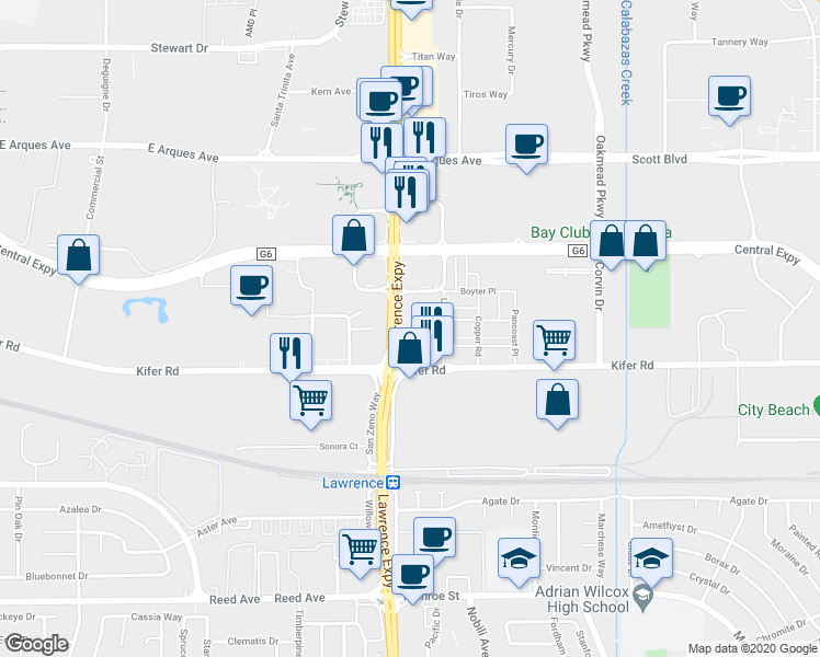 map of restaurants, bars, coffee shops, grocery stores, and more near 3578 Rambla Place in Santa Clara
