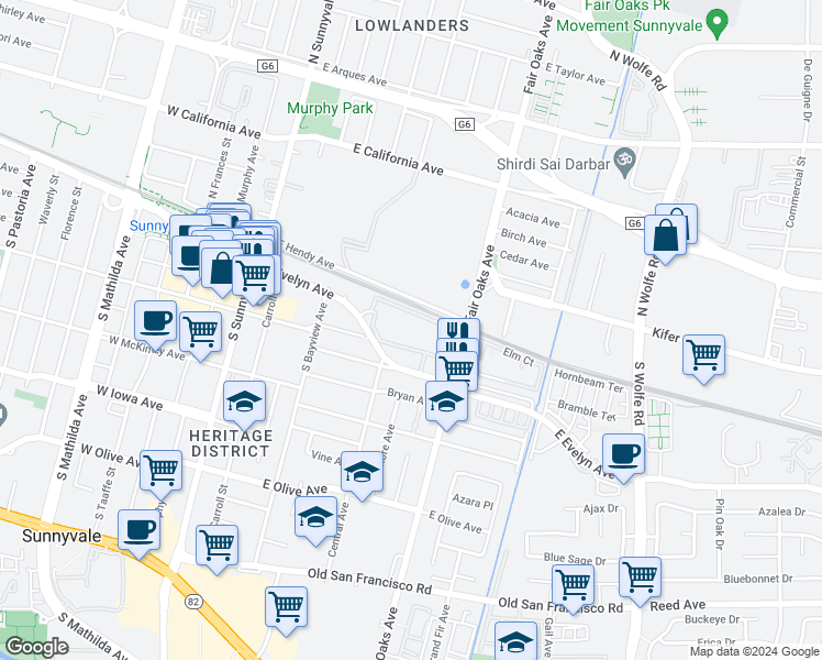 map of restaurants, bars, coffee shops, grocery stores, and more near 555 East Washington Avenue in Sunnyvale