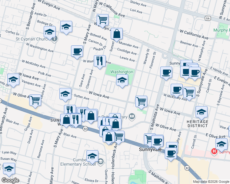 map of restaurants, bars, coffee shops, grocery stores, and more near 381 Pescadero Terrace in Sunnyvale