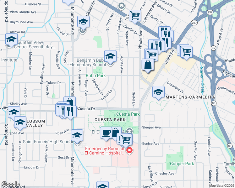 map of restaurants, bars, coffee shops, grocery stores, and more near 1540 Bonita Avenue in Mountain View