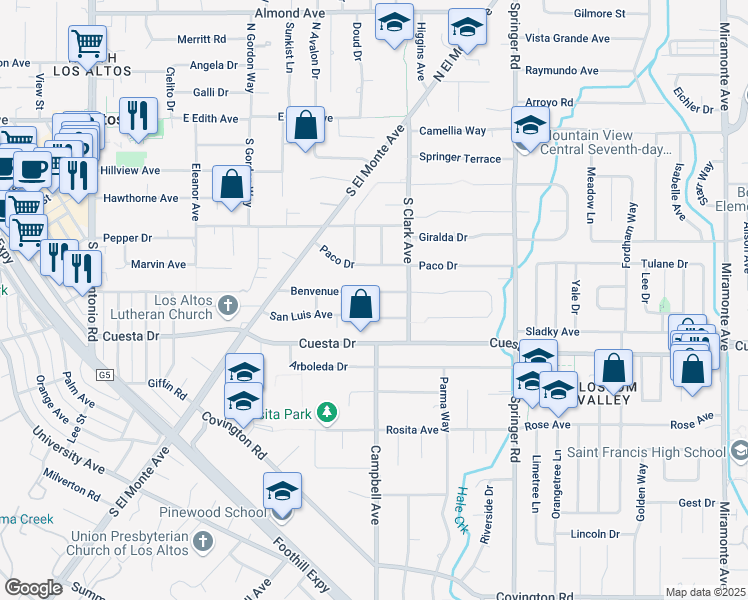 map of restaurants, bars, coffee shops, grocery stores, and more near 531 Benvenue Avenue in Los Altos