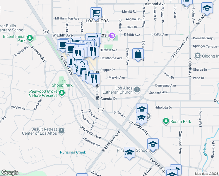 map of restaurants, bars, coffee shops, grocery stores, and more near 400 Lassen Street in Los Altos