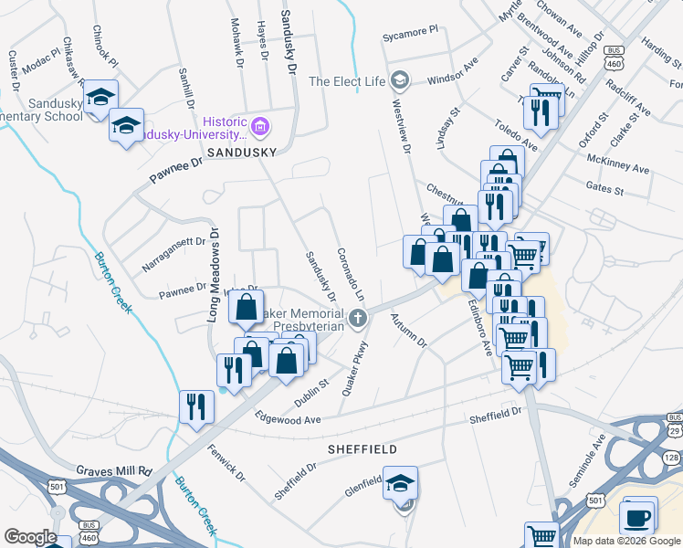map of restaurants, bars, coffee shops, grocery stores, and more near 1043 Coronado Lane in Lynchburg