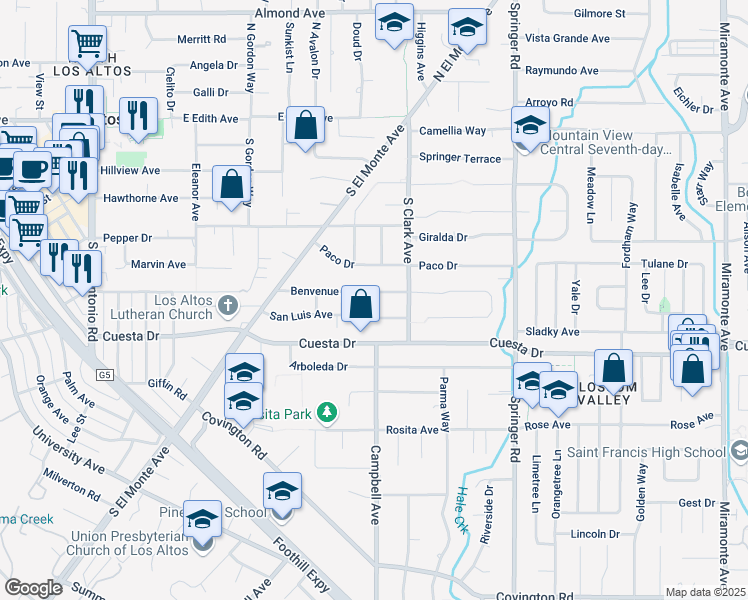 map of restaurants, bars, coffee shops, grocery stores, and more near 531 Benvenue Avenue in Los Altos