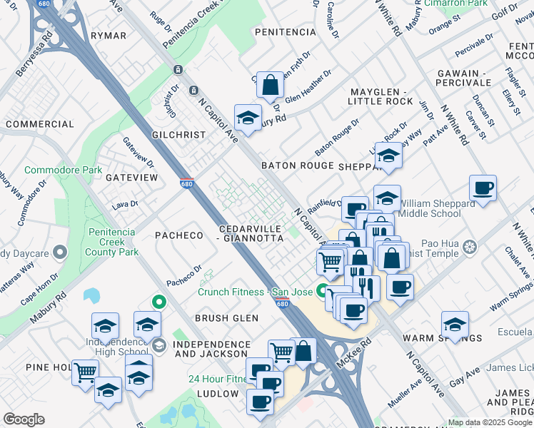 map of restaurants, bars, coffee shops, grocery stores, and more near 2518 Baton Rouge Drive in San Jose