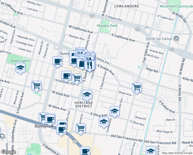 map of restaurants, bars, coffee shops, grocery stores, and more near 346 East Washington Avenue in Sunnyvale