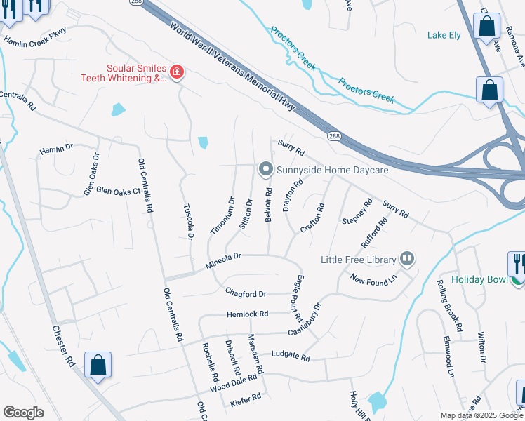map of restaurants, bars, coffee shops, grocery stores, and more near 11012 Belvoir Road in Chester
