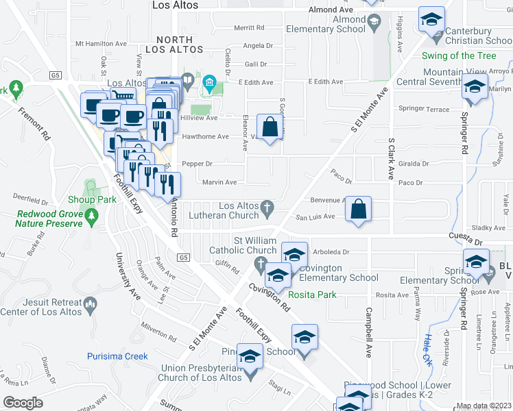 map of restaurants, bars, coffee shops, grocery stores, and more near 214 Lyell Street in Los Altos