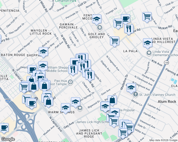 map of restaurants, bars, coffee shops, grocery stores, and more near 3192 McKee Road in San Jose