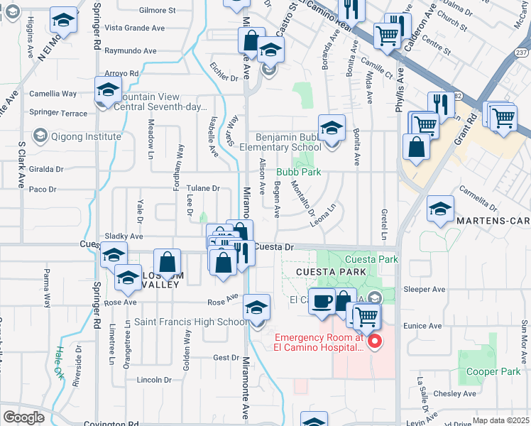 map of restaurants, bars, coffee shops, grocery stores, and more near 1657 Miramonte Avenue in Mountain View