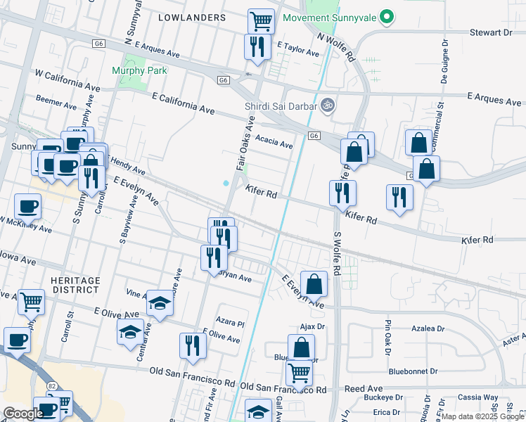 map of restaurants, bars, coffee shops, grocery stores, and more near 11 in Sunnyvale