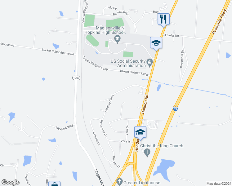 map of restaurants, bars, coffee shops, grocery stores, and more near 111 Winding Creek in Madisonville