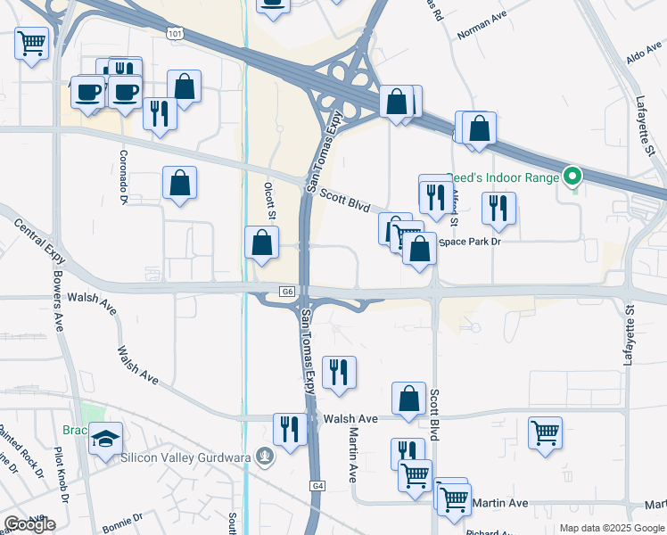 map of restaurants, bars, coffee shops, grocery stores, and more near 2200 Lawson Lane in Santa Clara