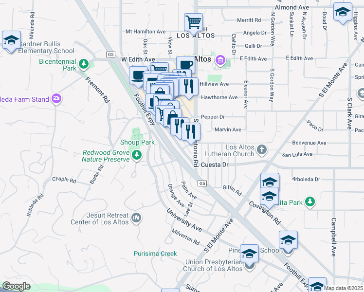 map of restaurants, bars, coffee shops, grocery stores, and more near 425 1st Street in Los Altos