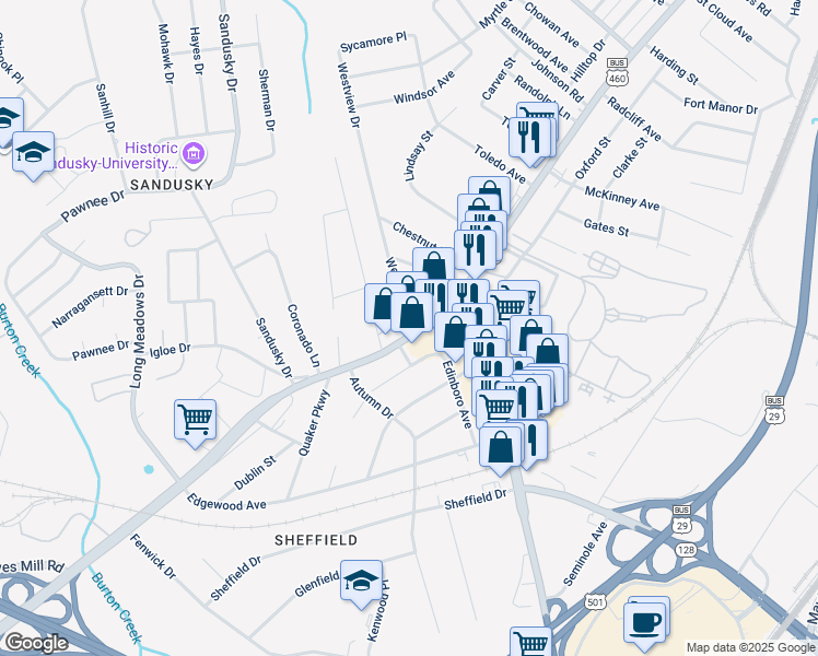 map of restaurants, bars, coffee shops, grocery stores, and more near 5515 Fort Avenue in Lynchburg