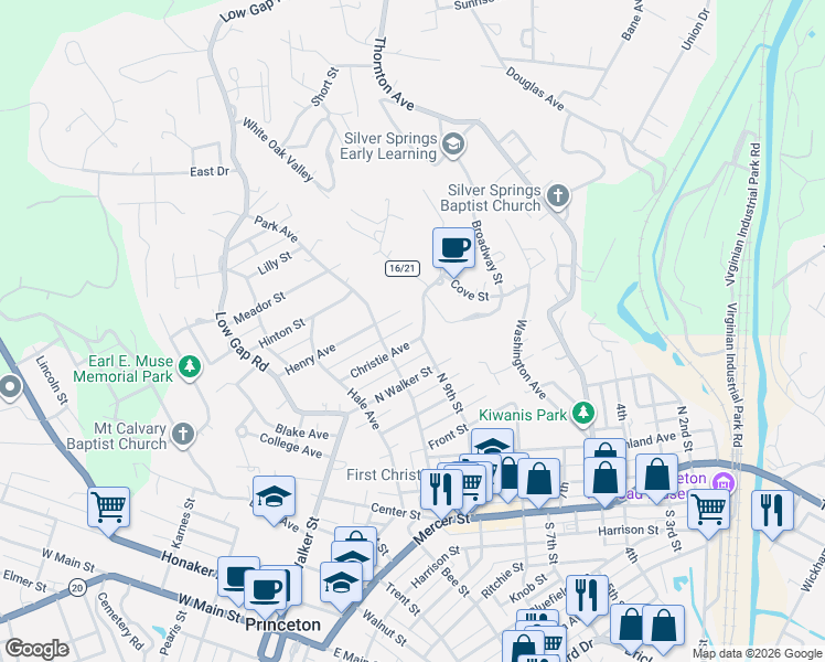 map of restaurants, bars, coffee shops, grocery stores, and more near 900 1/2 Christie Avenue in Princeton