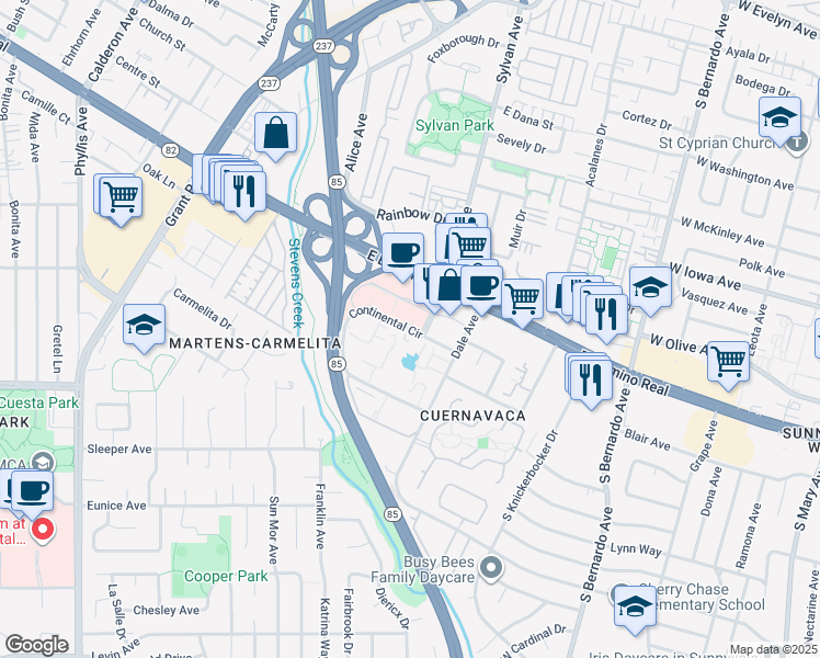 map of restaurants, bars, coffee shops, grocery stores, and more near 716-2305 Continental Cir in Mountain View