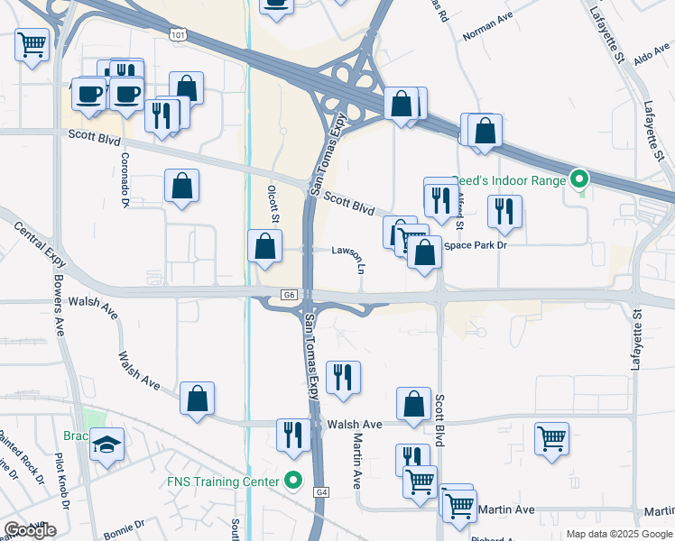 map of restaurants, bars, coffee shops, grocery stores, and more near 2200 Lawson Lane in Santa Clara