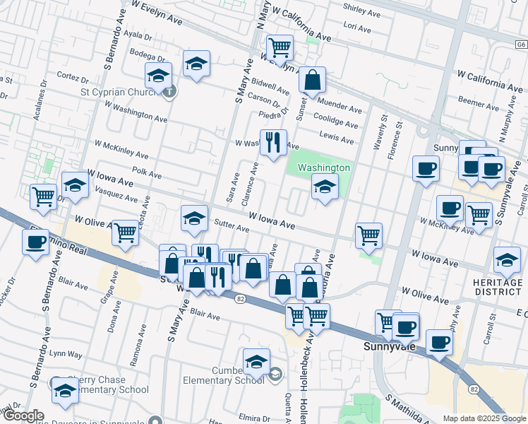 map of restaurants, bars, coffee shops, grocery stores, and more near 391 Dennis Avenue in Sunnyvale