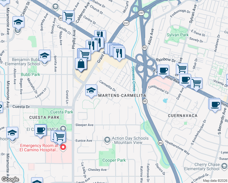 map of restaurants, bars, coffee shops, grocery stores, and more near in Mountain View