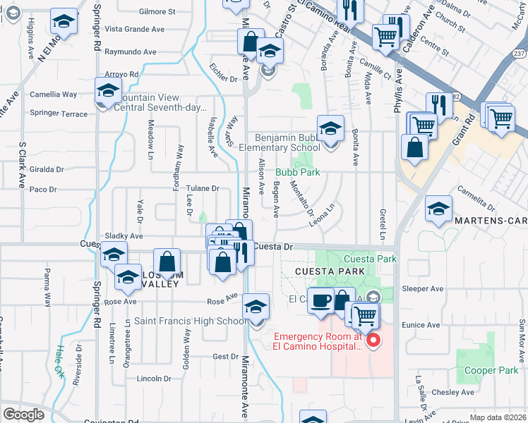 map of restaurants, bars, coffee shops, grocery stores, and more near 1657 Miramonte Avenue in Mountain View