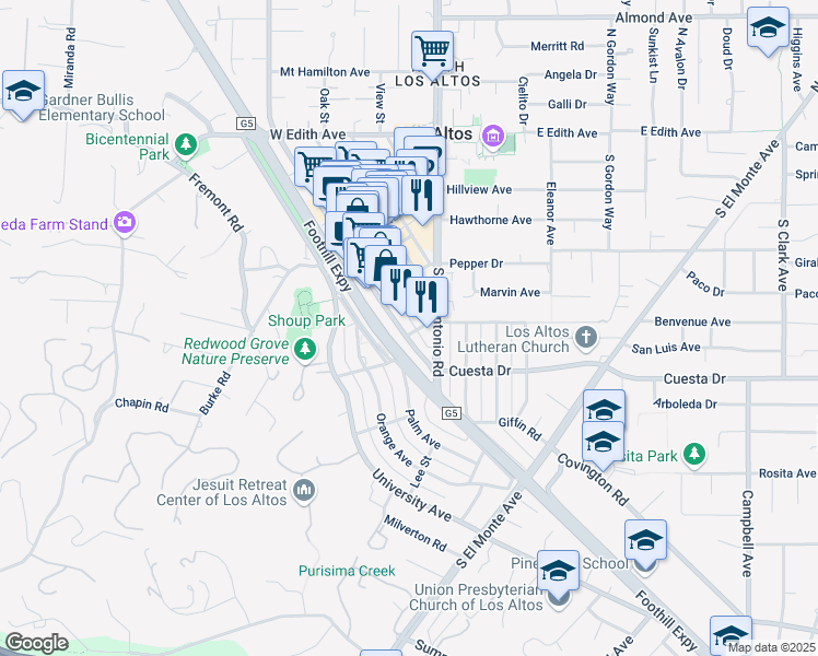 map of restaurants, bars, coffee shops, grocery stores, and more near 394 2nd Street in Los Altos