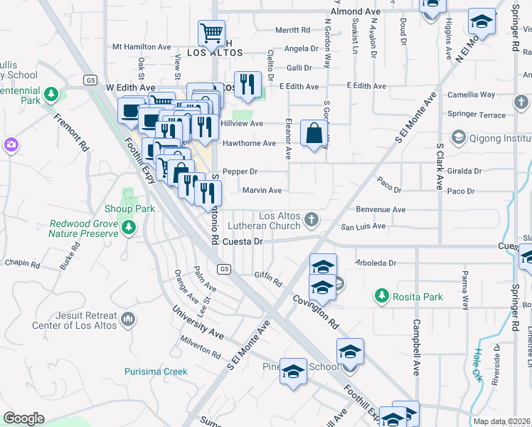 map of restaurants, bars, coffee shops, grocery stores, and more near 130 Lyell Street in Los Altos