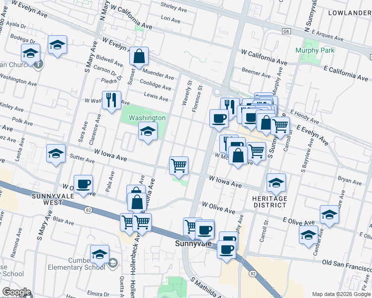 map of restaurants, bars, coffee shops, grocery stores, and more near 596 West McKinley Avenue in Sunnyvale