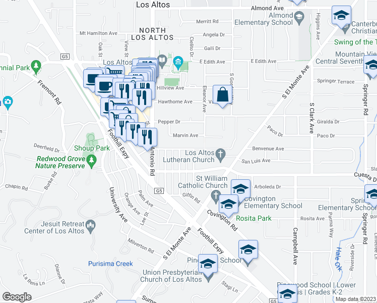 map of restaurants, bars, coffee shops, grocery stores, and more near 130 Lyell Street in Los Altos