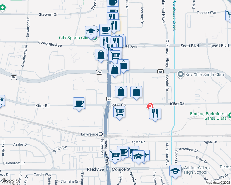 map of restaurants, bars, coffee shops, grocery stores, and more near 3578 Rambla Place in Santa Clara