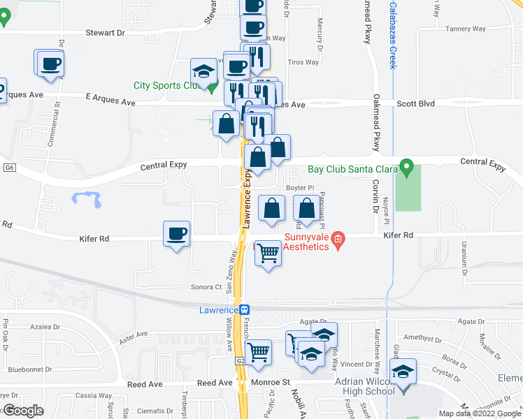 map of restaurants, bars, coffee shops, grocery stores, and more near 3578 Rambla Place in Santa Clara